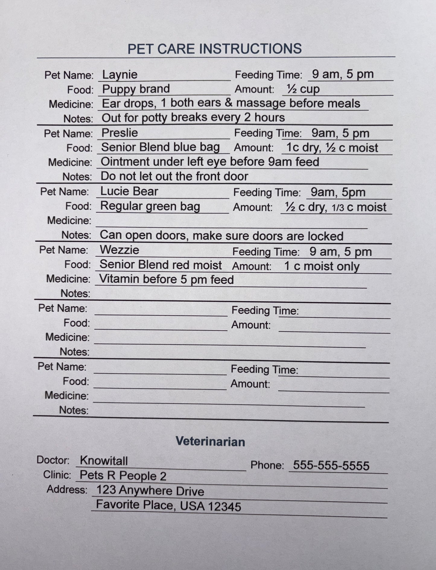 Pets are family, too. Pet Care Information download. Fillable, printable page