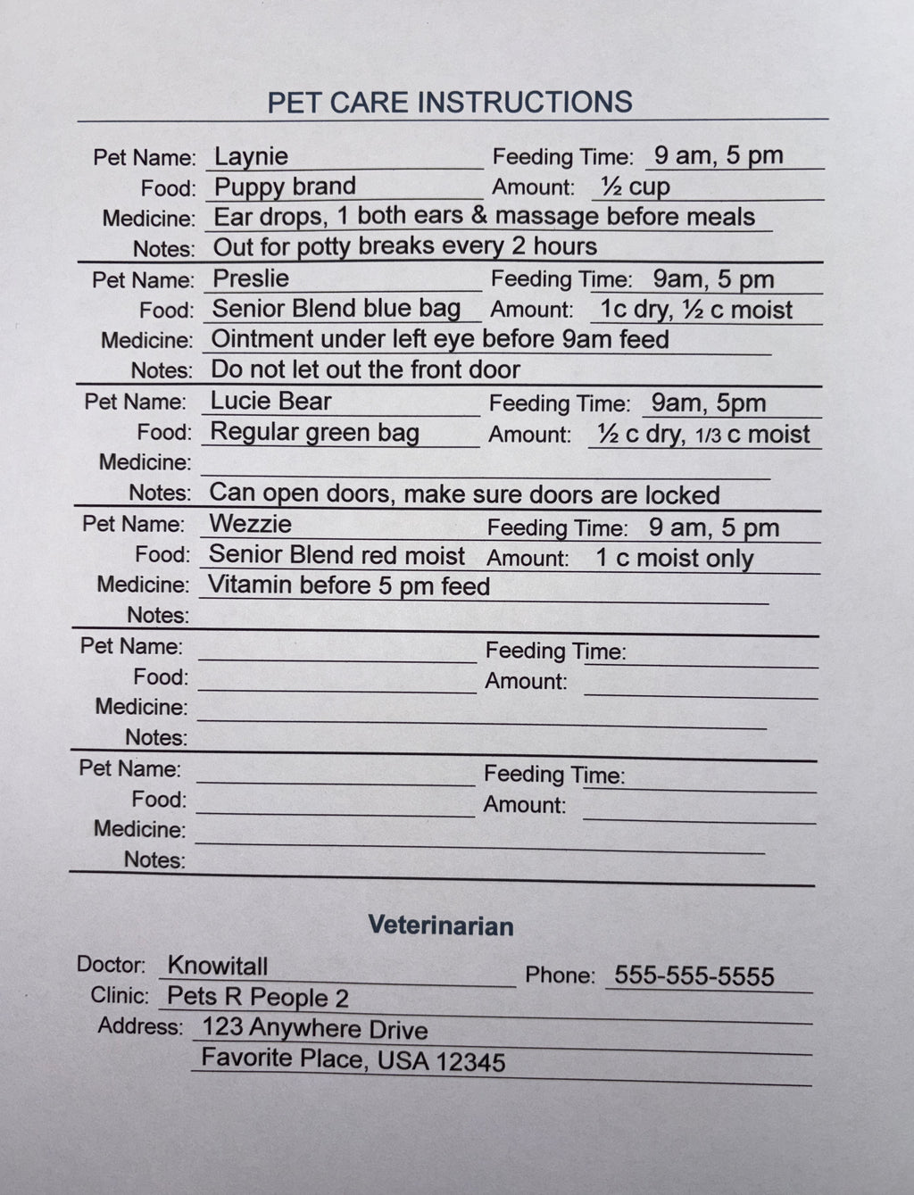 Pets are family, too. Pet Care Information download. Fillable, printable page