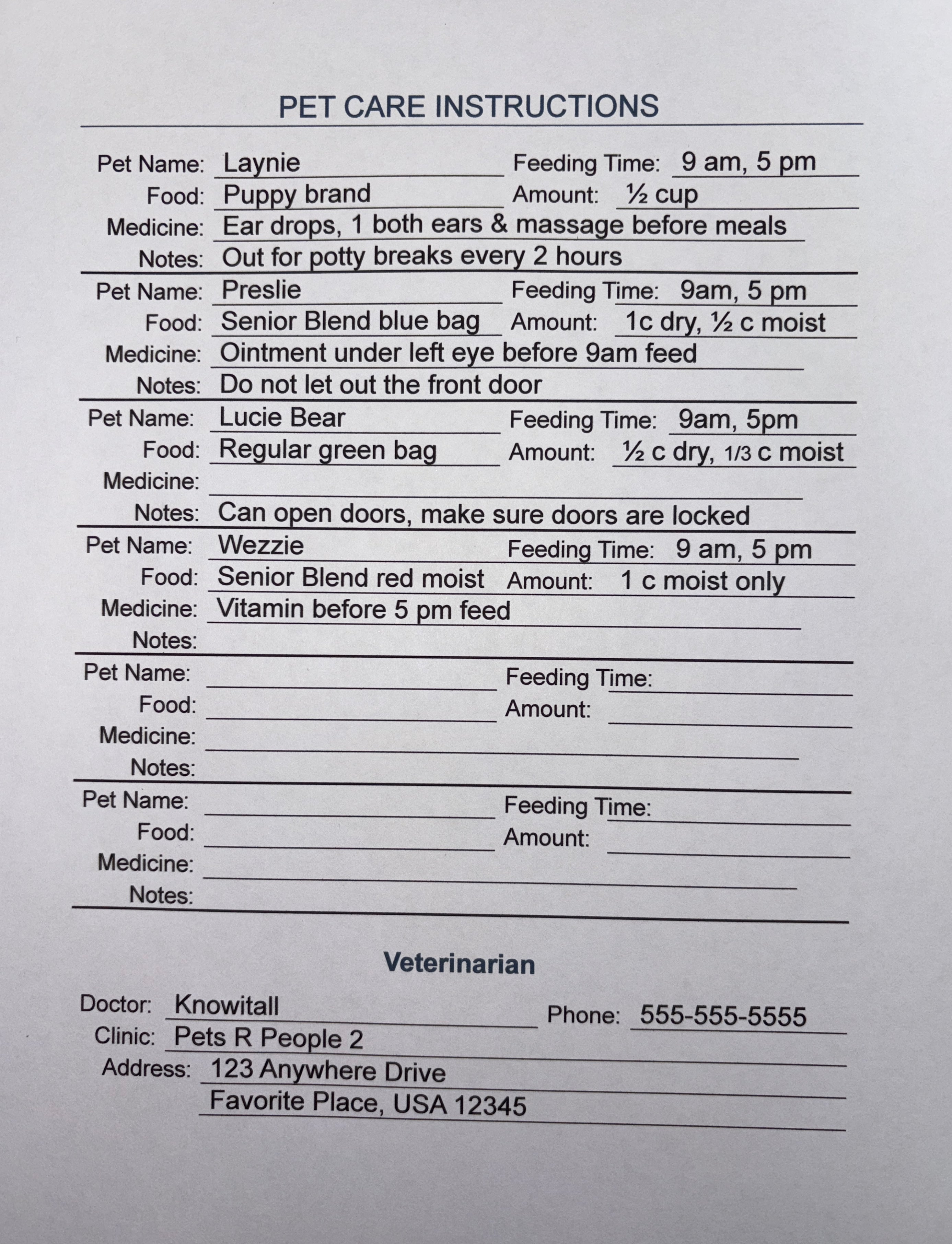 Pets are family, too. Pet Care Information download. Fillable, printable page