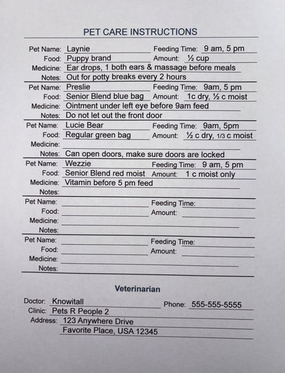 Pets are family, too. Pet Care Information download. Fillable, printable page