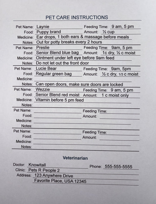 Pets are family, too. Pet Care Information download. Fillable, printable page