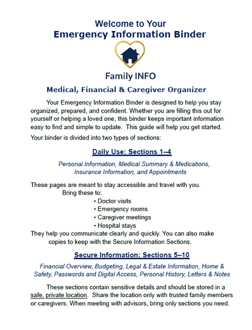 Emergency Information Binder - 30 page Printable and Fillable PDF