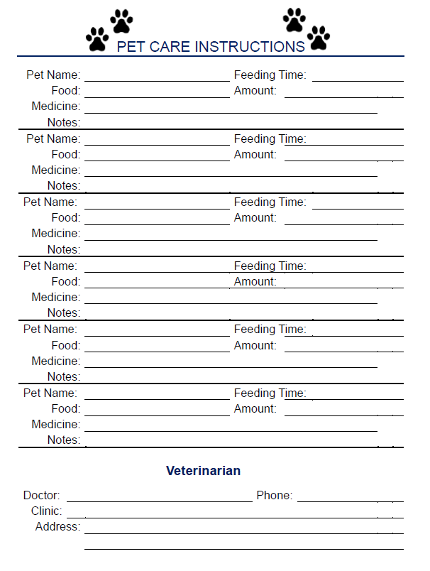 Pets are family, too. Pet Care Information download. Fillable, printable page
