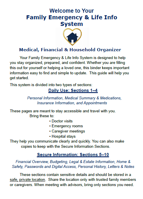 Family Emergency & Life Info System - 30 page Printable and Fillable PDF