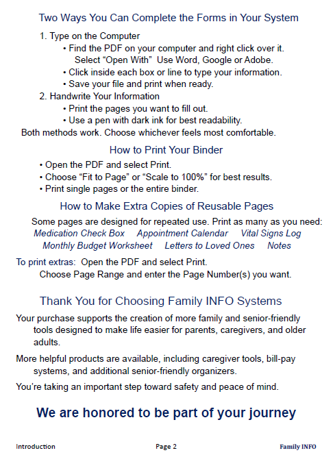 Family Emergency & Life Info System - 30 page Printable and Fillable PDF