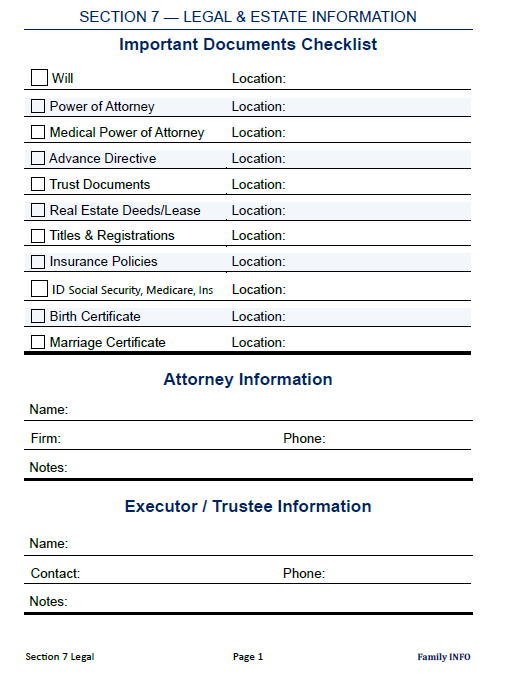 Family Emergency & Life Info System - 30 page Printable and Fillable PDF